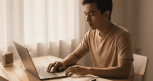 Seorang pemuda yang sedang sibuk dengan laptopnya